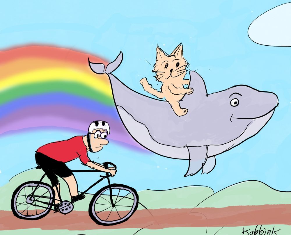 A man on a bicycle is racing a cat on a flying rainbow whale
