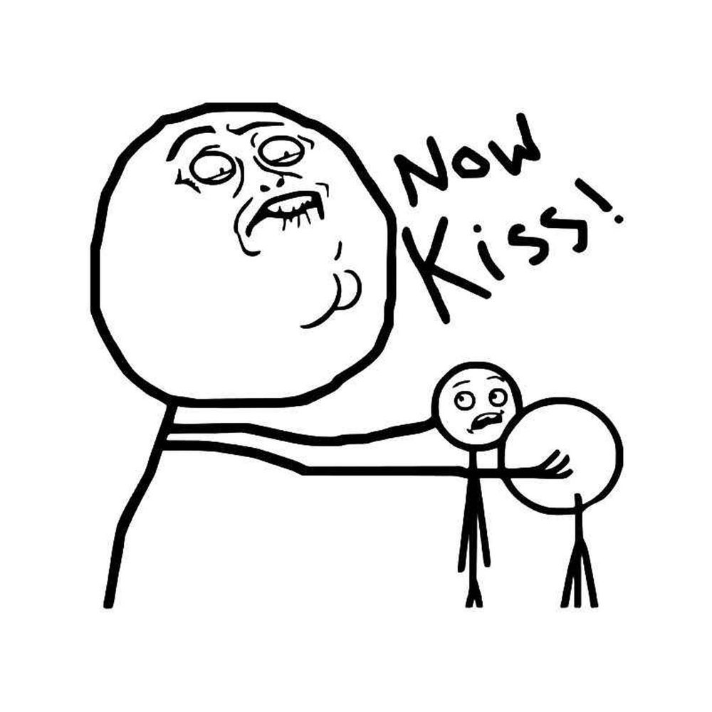 A large stick figure with a look of terrified rapture says "Now Kiss!" while forcing two other stick figures (who are blank doll representations of characters) to kiss. One of the representations looks sideways at the large figure in a mixture of disbelief and concern.