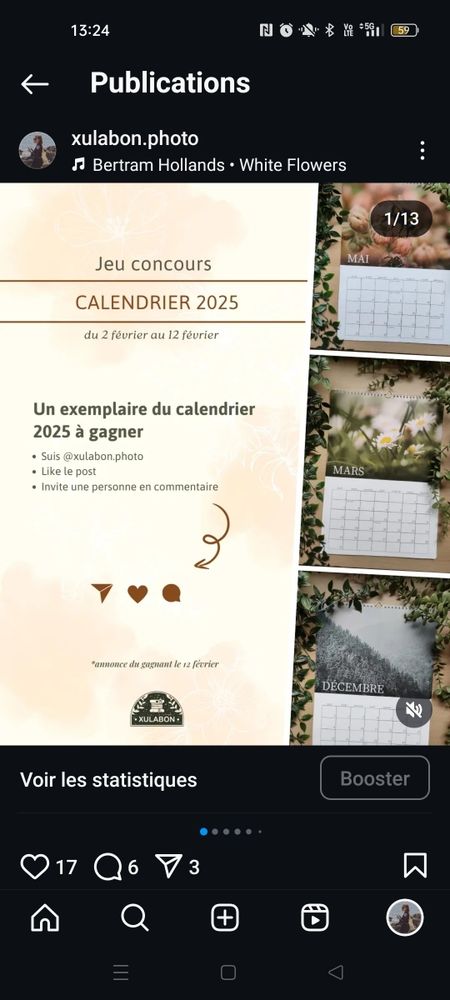 Screenshots de ma publication de mon jeu concours sur Instagram 