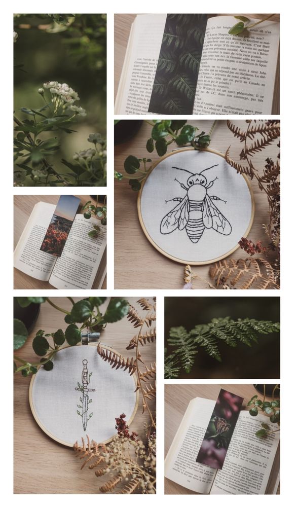 Montage photo avec de haut gauche vers bas droite : une photo d'une fleur, un marque page fougère, un marque page coucher de soleil, une broderie abeille, une broderie dague entourée de feuilles, une photo de fougère et un marque page papillon
