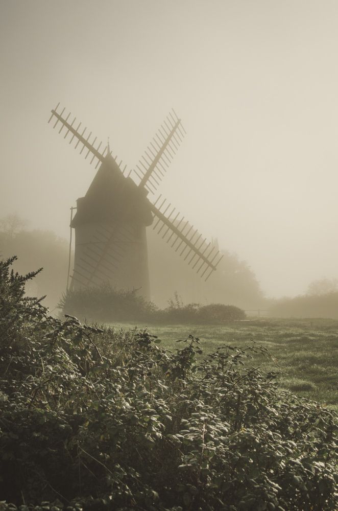 Photo d'un moulin dans la brume matinale 