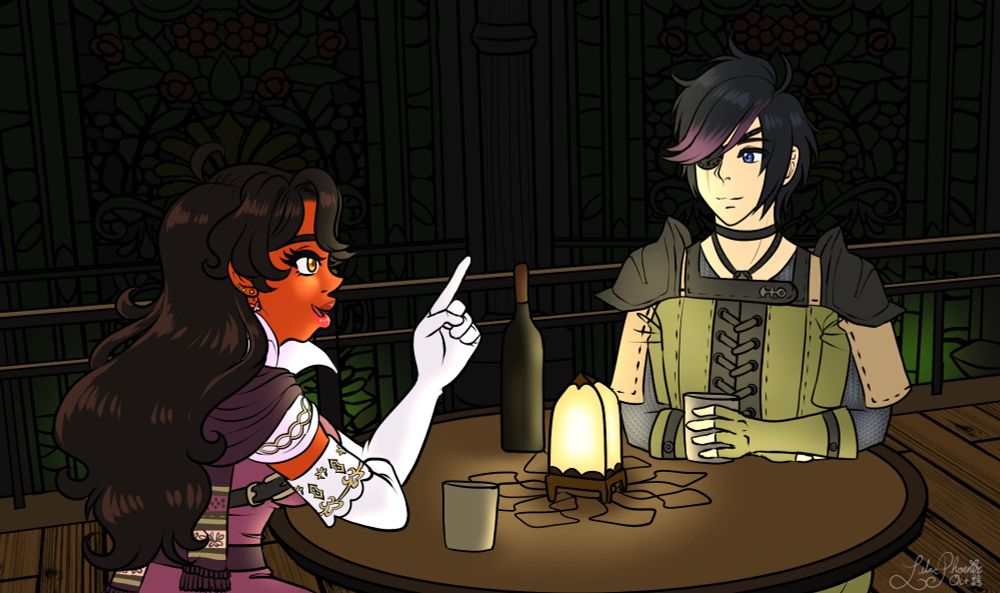 Princess Anelia sits down in Gridania's adventurer's guild with a novice adventurer named Kami Mirai as they share drinks. She gives him adventuring stories and advice.