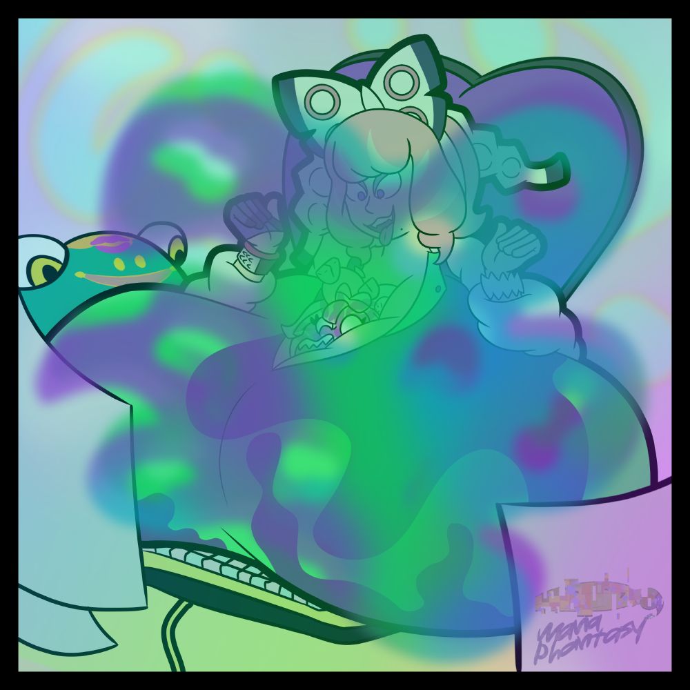 Klara from Pokemon Sword and Shield with hyper tits, trapping Iono from Scarlet and Violet in her cleavage and taking over her livestream, all while Iono's Bellibolt watches. Unflinchingly. Gaze never wandering. Always. Present.

Klara has coated Iono in some toxic smooches, headcannoned by Poisonskunkking and myself to cause the recipient to become soft, like putty, and numb. Klara has also smooched Bellibolt, showing her appreciation for the mercy of the unblinking abomination.

Klara is giving Iono a whiff of every stream's main point redemption- a massive nasty belch to her face~

...As well as 30 minutes of prayer for Bellibolts forgiveness.