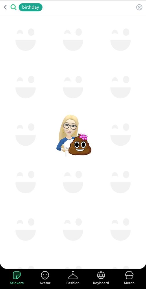 bitmoji screen that is showing gray bitmoji watermarks where all the birthday bitmoji images should be except for the center one, which is a woman with long blond hair and glasses holding a smiling turd with a pink bow on top