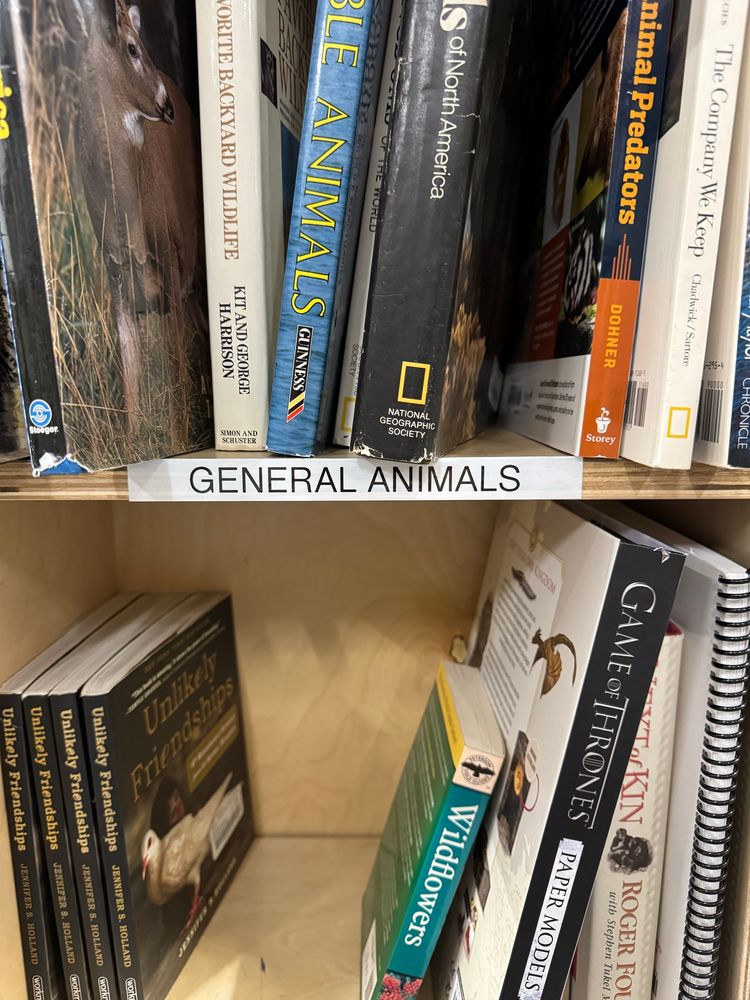 tag on a bookshelf that says GENERAL ANIMALS
