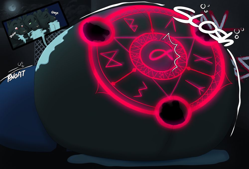 The Cerb Panth now extremely bloated and cum inflated as that belly towers over both of them, bright red Permapreg runes now adorning the kitten’s belly to show he will now be permanently pregnant with Jaren’s litters. Behind the belly, Jaren’s balls have grown significantly bigger  despite having started his release with a cut away shot showing cum bursting forth out of the mouth’s of all three Panther heads.