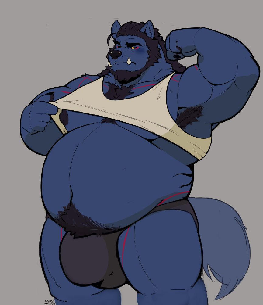 Jaren giving an arm flex and looking down at his physique as he has a big musclegut, may be a bit more soft than usual even though he still has a strong chest and thighs and a hefty bulge in some black underwear but his white tank top is definitely too small now as he lifts it with his other hand.