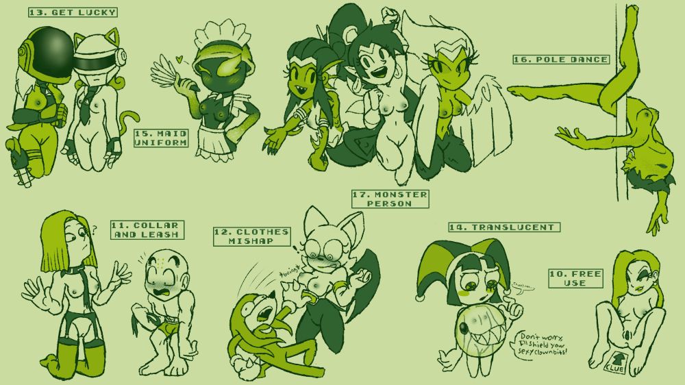 A full page of days 10-17 of Bonktober, completely in a Gameboy color palette 