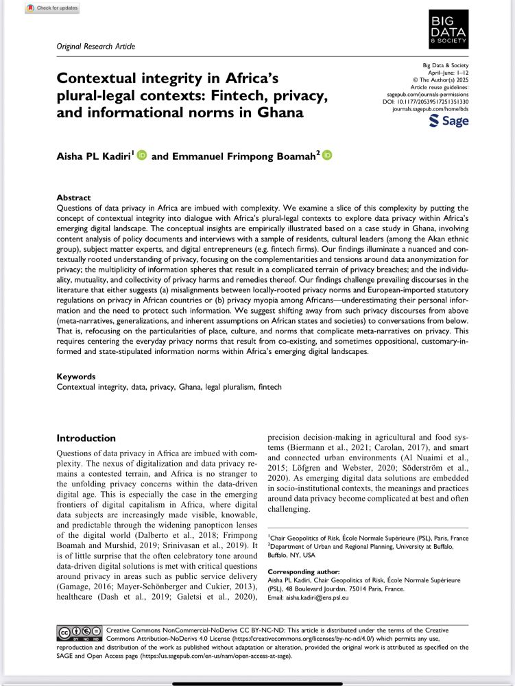 Article with the title “Contextual integrity in Africa's plural-legal contexts: Fintech, privacy, and informational norms in Ghana”