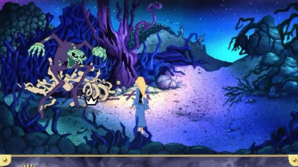 screenshot from the King´s quest Game a Princeless Bride, showing a scary green monster with fangs and black eyes jumping out of a pile of bones to attack a young princess with blond hair and a blue dress