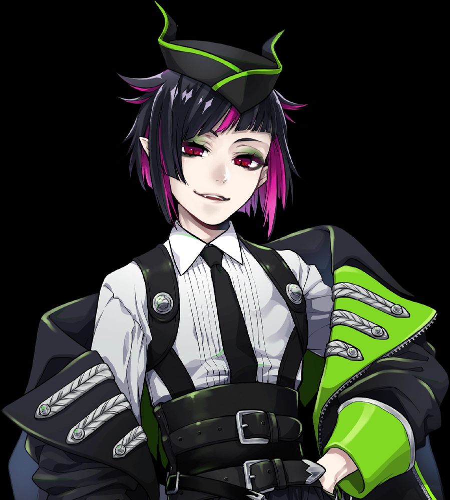 lilia vanrouge a young looking thousand year old fairy with an androgynous face with short black hair and pink highlights, pale, skin, pointed ears and slitted red eyes looking like a vampire. he is wearing a black hat with green lining and two small horns on top he is also wearing a white shirt with a blakc tie and what it seems to be a black miliatry style jackect with green lining