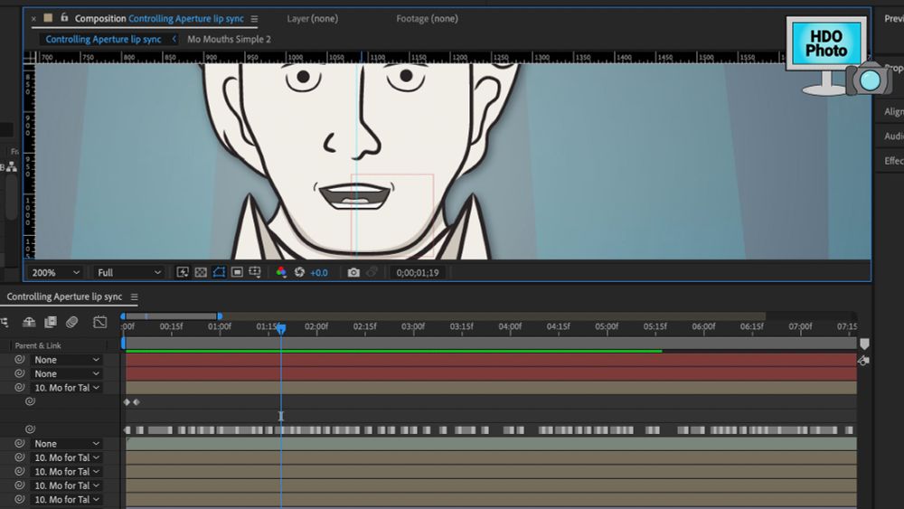 After Effects interface, displaying keyframes allowing character speech.