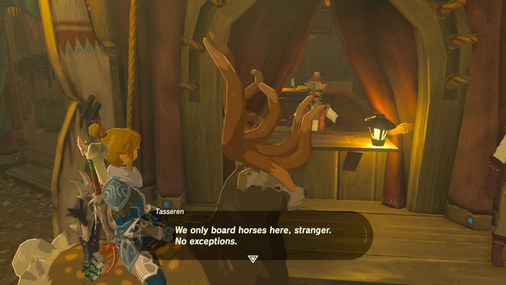 A screenshot from Breath of the Wild. Link is riding a deer and trying to register at the stable and the stable master is saying "We only board horses here, stranger. No exceptions", because he's a terrible person who nobody loves.