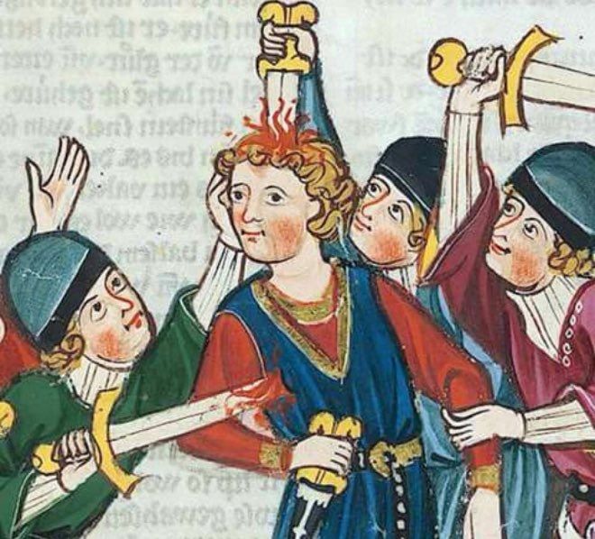 Medieval painting of a ton of dudes and the main dude has a sword going through his head but he is not affected by it and smiling