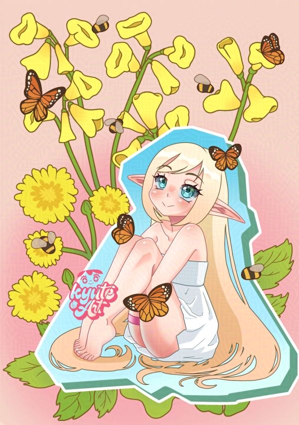 Elfa de cabello rubio y largo sentada en el suelo, abrazando sus piernas por los muslos mirando hacia arriba, viendo mariposas y abejorros polinizando flores amarillas. Lleva un vestido corto  sin tirantes de color blanco y una liga color rosa en el muslo derecho.