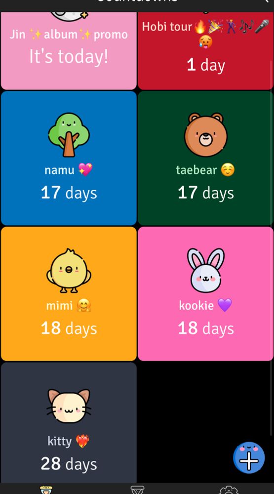 Screen shot of a countdown app tracking the military service times of members of bts. Namjoon and Tae are at 17 days, Jimin and Jungkook are at 18 days with yoongi at 28 days until the completion of their service. Jin and hobi are on the countdown even though they are out because it looked too weird to not have all 7 together. 