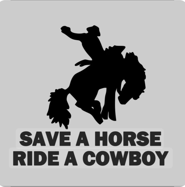 A black silhouette of a cowboy riding a bucking bronco on a white background with the caption: save a horse ride a cowboy 