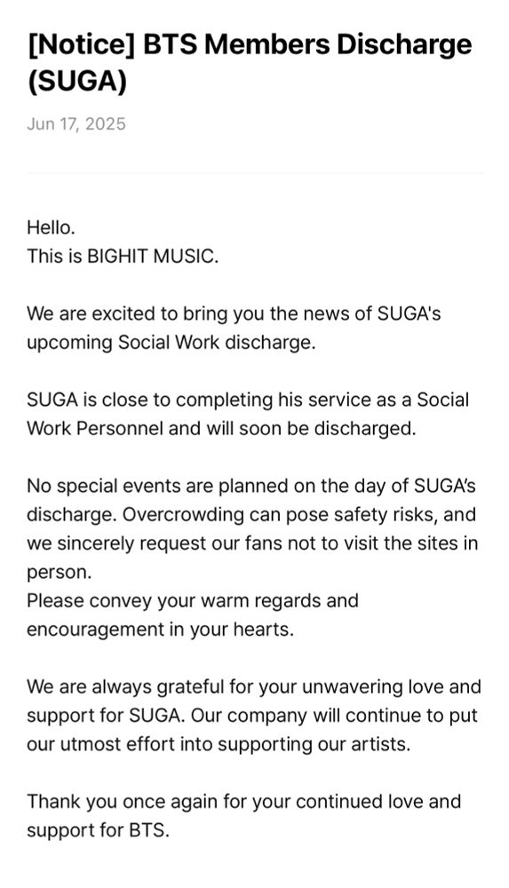 Screen shot of notice from BigHit music of Suga/Min Yoongi’s incoming completion of social service enlistment in South Korea 