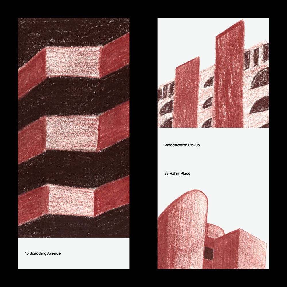 Three closeup drawings of Modernist brick buildings in reddish brown and dark brown pencil