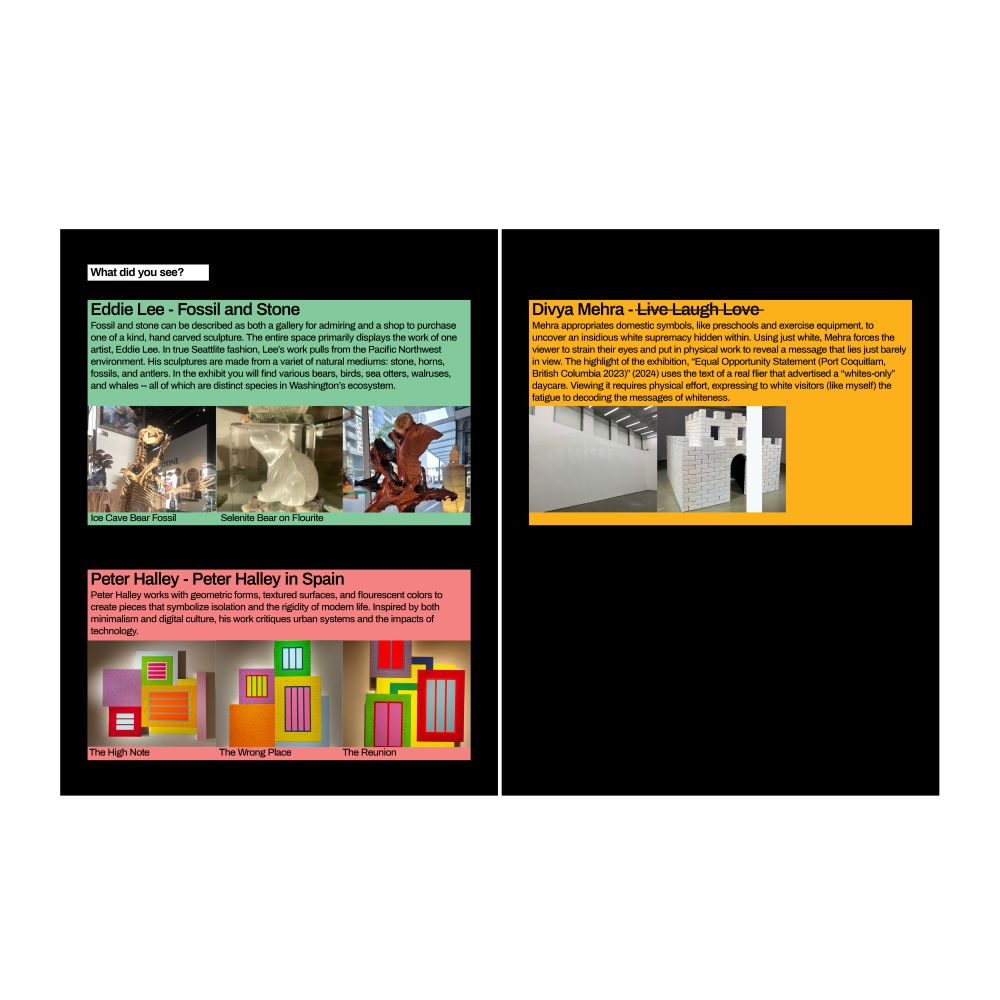 Two black pages of a magazine with green, pink, and orange boxes with small black text and photos of artworks