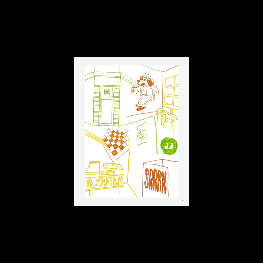 A collage of green, brown, and yellow sketches showing the interior of a coffee shop