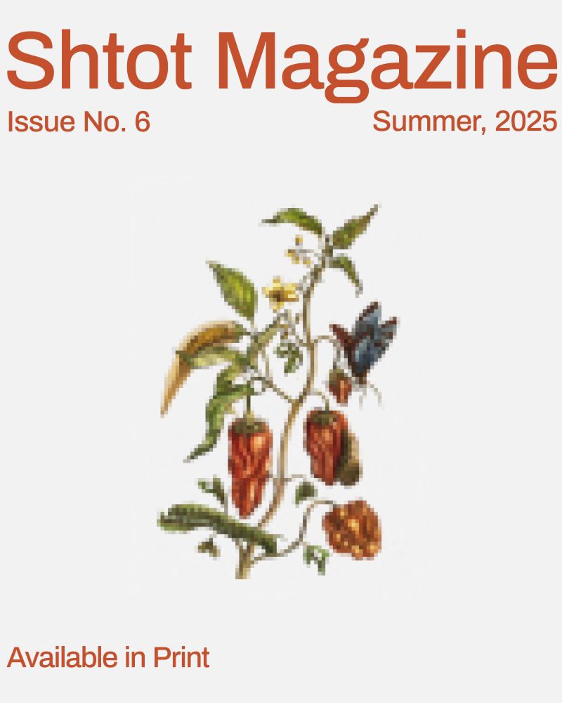 A poster design with a pixelated cluster of a drawing of red peppers and green vines framed by red-orange sans-serif text. Above the image the text reads: Shtot Magazne, Issue No. 6. Summer, 2025. Below the image the text reads: Available in print.