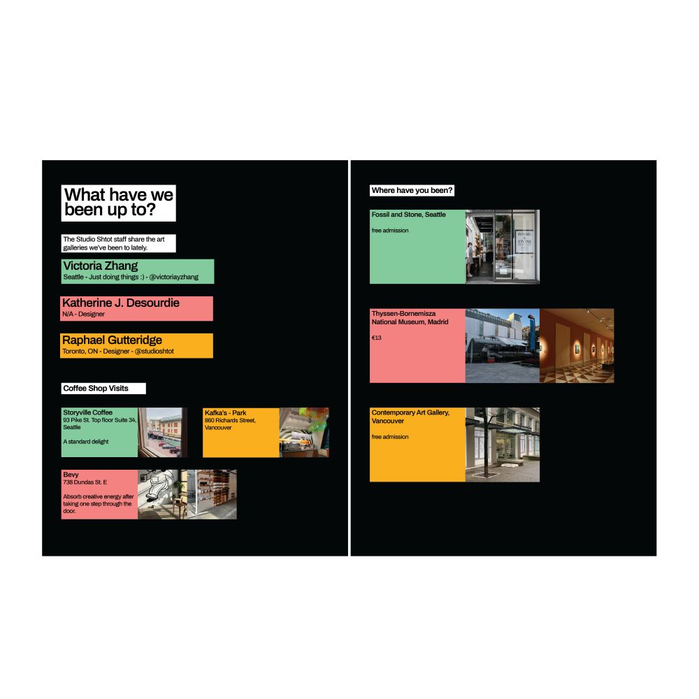 Two black pages of a magazine with green, pink, and orange boxes with small black text and photos of art galleries and coffee shops. A header on the left-hand page reads "what have we been up to?"