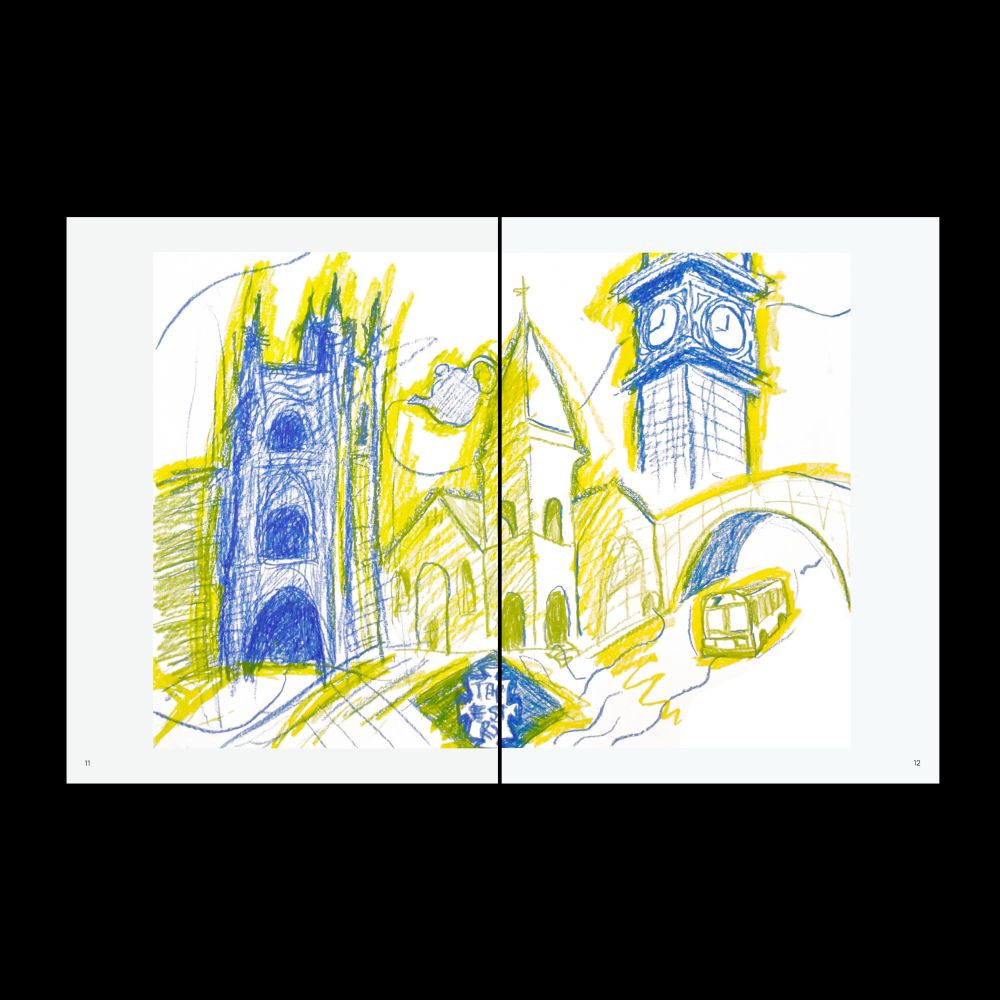 A collage of yellow, green, and blue sketches of old buildings and a bus under a bridge