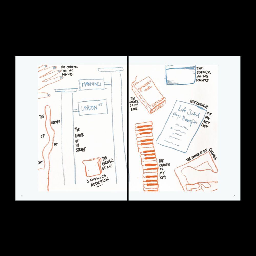 A collage of blue and orange sketches of street signs, instruments, and other little objects with labels like "the corner of my pants" and "the corner of my set list"