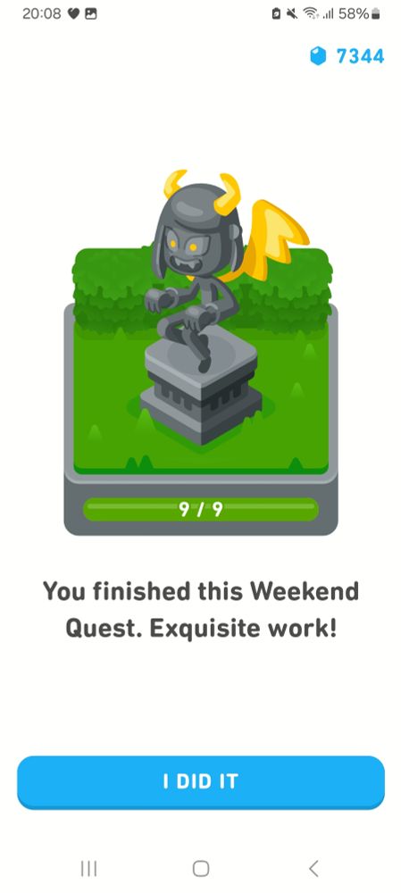 A comic style picture. A grey statue on a socket. It's a figure with yellow wings and horns. Green grass. Below is a green line with white numbers 9/9. Below is a text: you finished this weekend quest. Exquisite work! Below is a blue line with a white text: I did it.