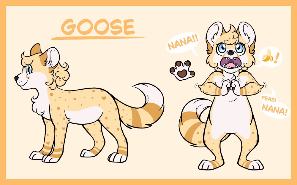Reference art of a feline/canine mix child character. She has pale yellow and white fur with light caramel spots and stripes, and light blue eyes. The fur on her head is curly.
She is drawn quadrupedal from the side in one image and bipedal in the other image. In the bipedal image, she is incorrectly signing "more" and frantically asking for a banana.