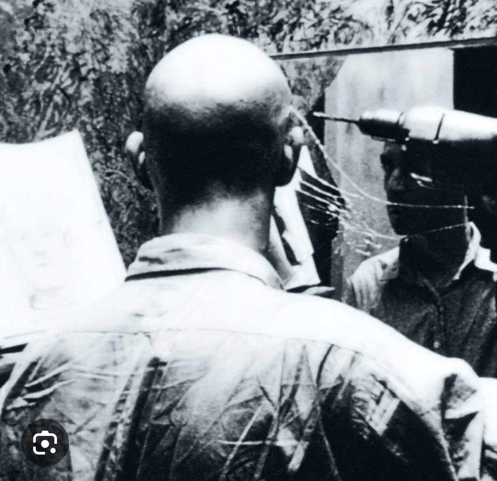 The end of the movie Pi (dir. Darren Aronofsky) where the main character Max drills a hole in his brain in front of a bathroom mirror.