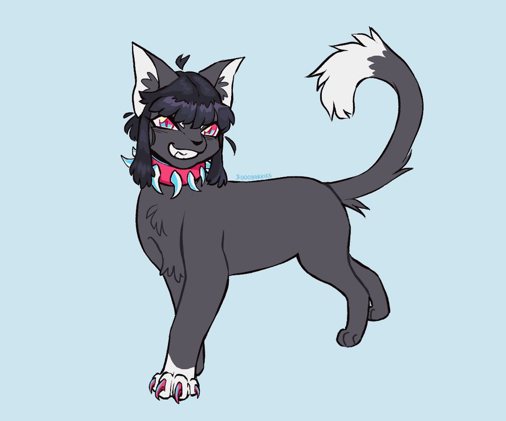 drawing of Scourge from Warriors. he’s standing with one paw stretched forward as if he’s stepping towards the viewer, his tail curled upward. he has a smug expression on his face. he has a hot pink collar studded with dog teeth. he’s all black with one white paw, white on the insides of his ears, and on the tip of his tail. he has darker black hair, choppy bangs and two tufts of hair that fall down from his bangs. the background is solid pale blue. 