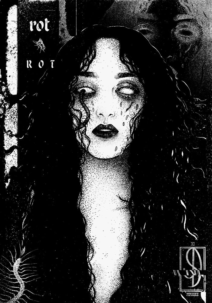 Black and white illustration of figure with long dark hair. Maggots and centipedes crawl over and out from their face. 