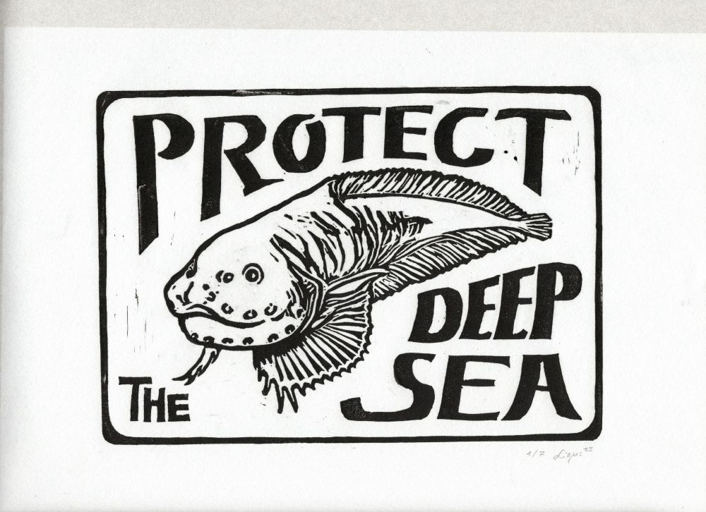 lino print of a snailfish with the words "protect the deep sea"