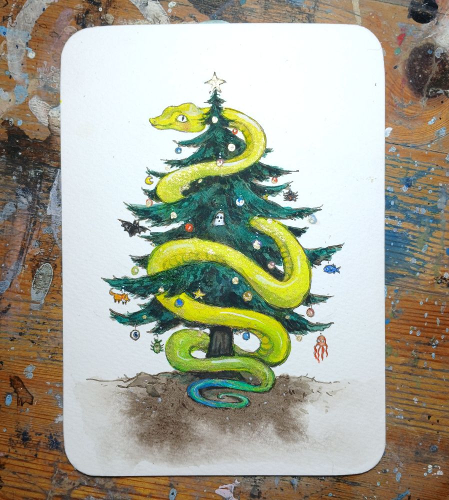 a watercolour drawing of a bright yellow snake curling around a decorated Christmas tree.
The snake is as big as the tree but looks very kind.
