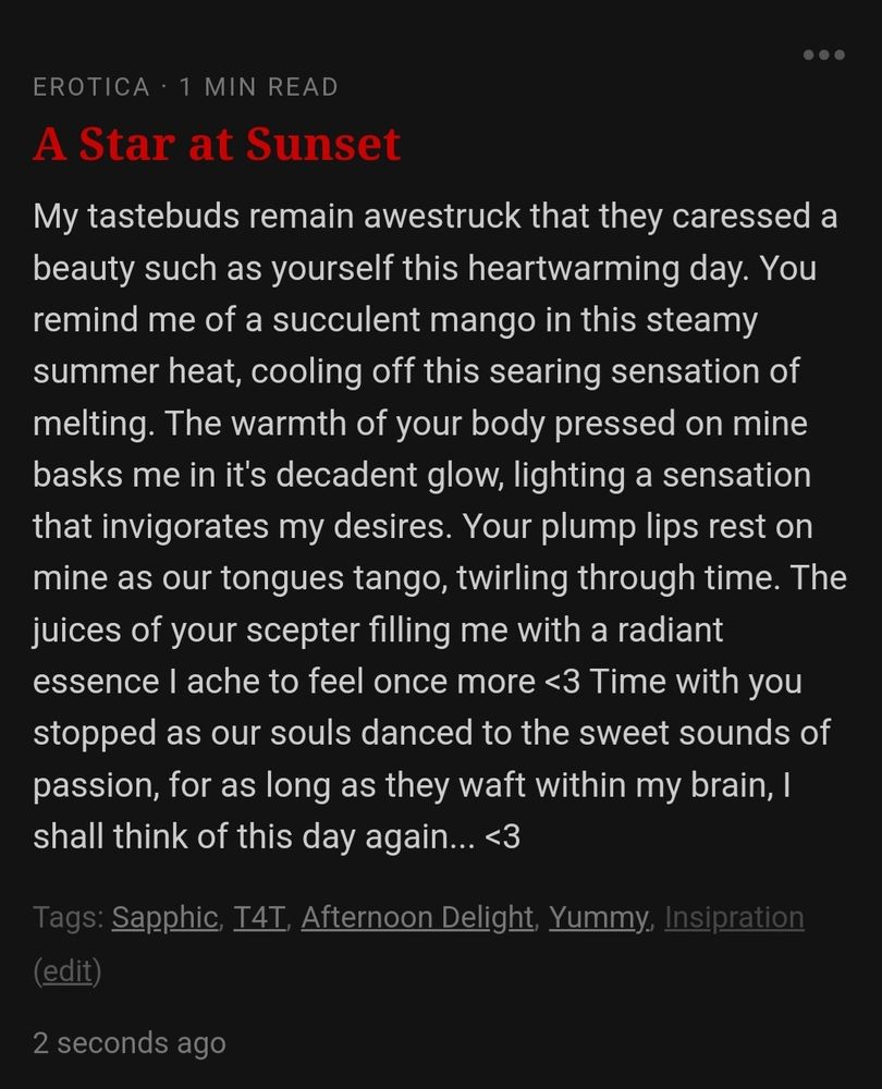 I don't know how to alt text this other than to say it's a memory of a wondrous day that shall live on in my heart. Oh, to be lost in the sweet scent of a woman, nothing but greatness spurs as we unite into one.