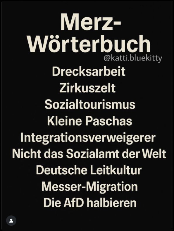 Merz-Wörterbuch

Drecksarbeit
Zirkuszelt
Sozialtourismus
Kleine Paschas
Integrationsverweigerer
Nicht das Sozialamt der Welt
Deutsche Leitkultur
Messer-Migration
Die AfD halbieren