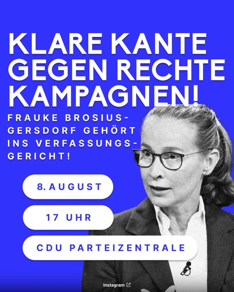 Demoaufruf:
Klare Kante gegen rechte Kampagnen!
Frauke Brosius-Gersdorf gehört ins Verfassungsgericht!

Berlin: HEUTE, 08.08.2025, 17:00, CDU Parteizentrale