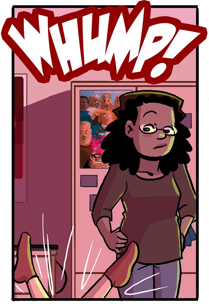 a bemused lucy watches as somebody collapses on her dorm room floor