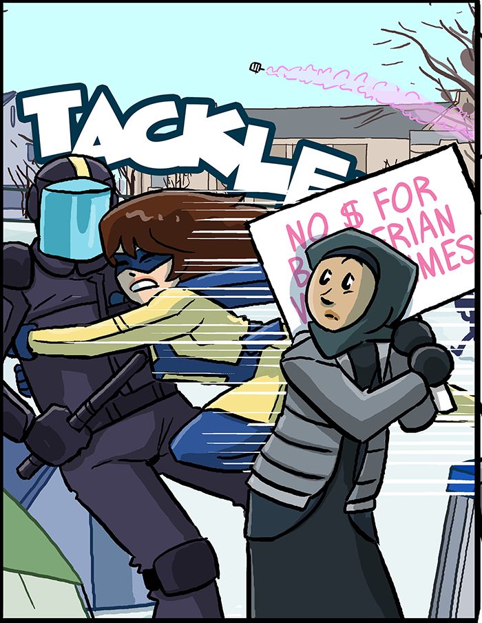 amazi-girl tackles a riot cop right behind asma