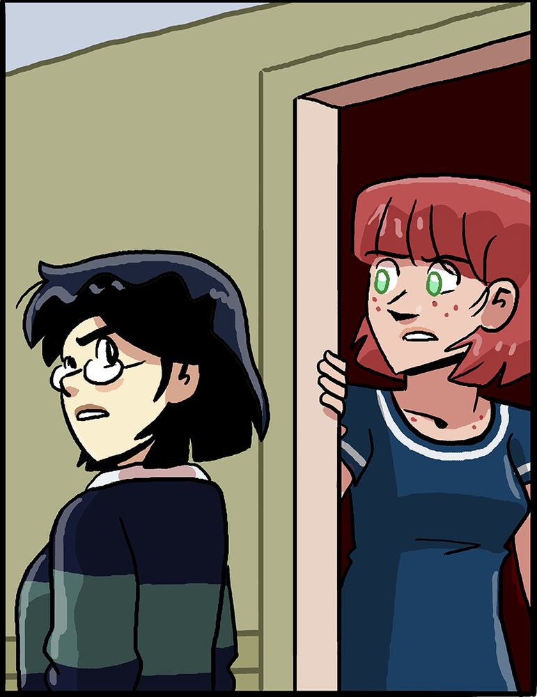 Jennifer walks past Ruth's open door, with Ruth in it, standing in her pajamas