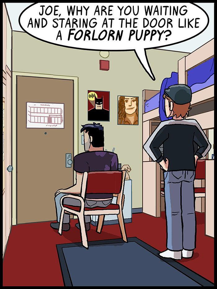 Joe sits in a chair facing the door.  Danny stands behind him.