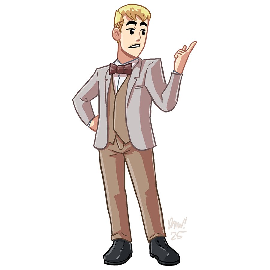 it's jason in his usual bow-tie and in a gray and tan suit