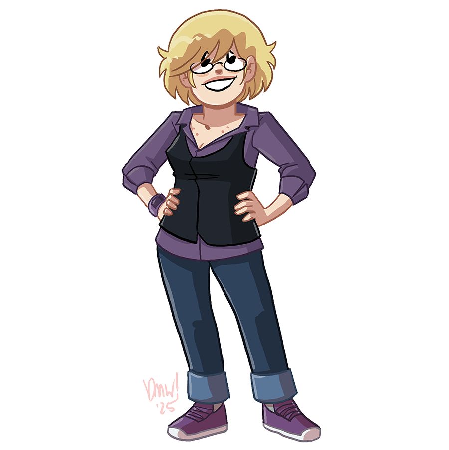 dorothy in a dark purple collared shirt and her usual black vest, with cuffed pants