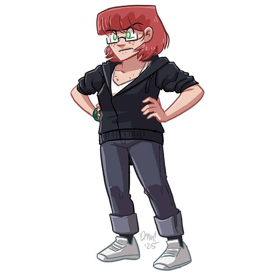 Ruth!  Arms akimbo, wearing a black hoodie and cuffed jeans.