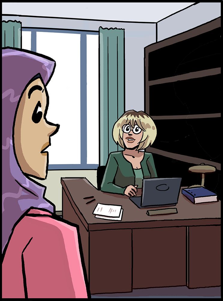 Asma is standing in Chloe's office.  