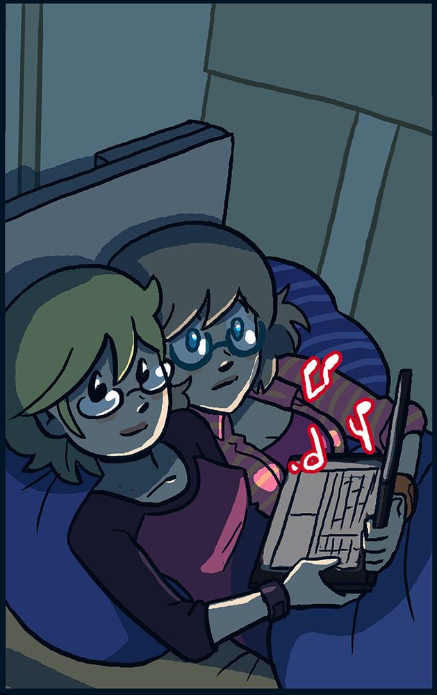 Dorothy and Joyce listening to music together on Joyce's laptop in Joyce's bed, for Sickos