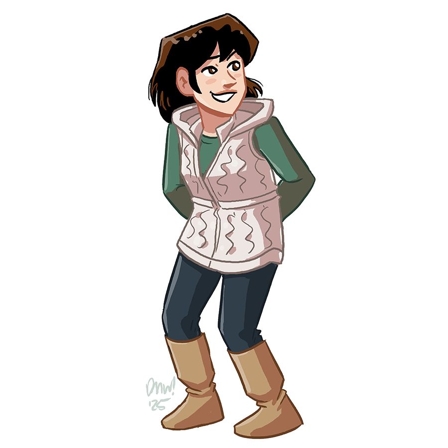 Mary!  Looking mischievous while wearing an off-white... padded... hoodie vest?  Sure.  It's over a green longsleeved shirt.  She's wearing her usual boots.