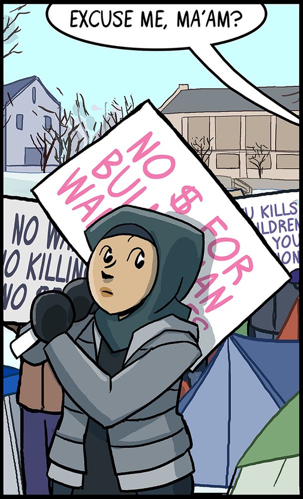 Asma holds up a sign in the middle of a protest.  Someone off-panel: 